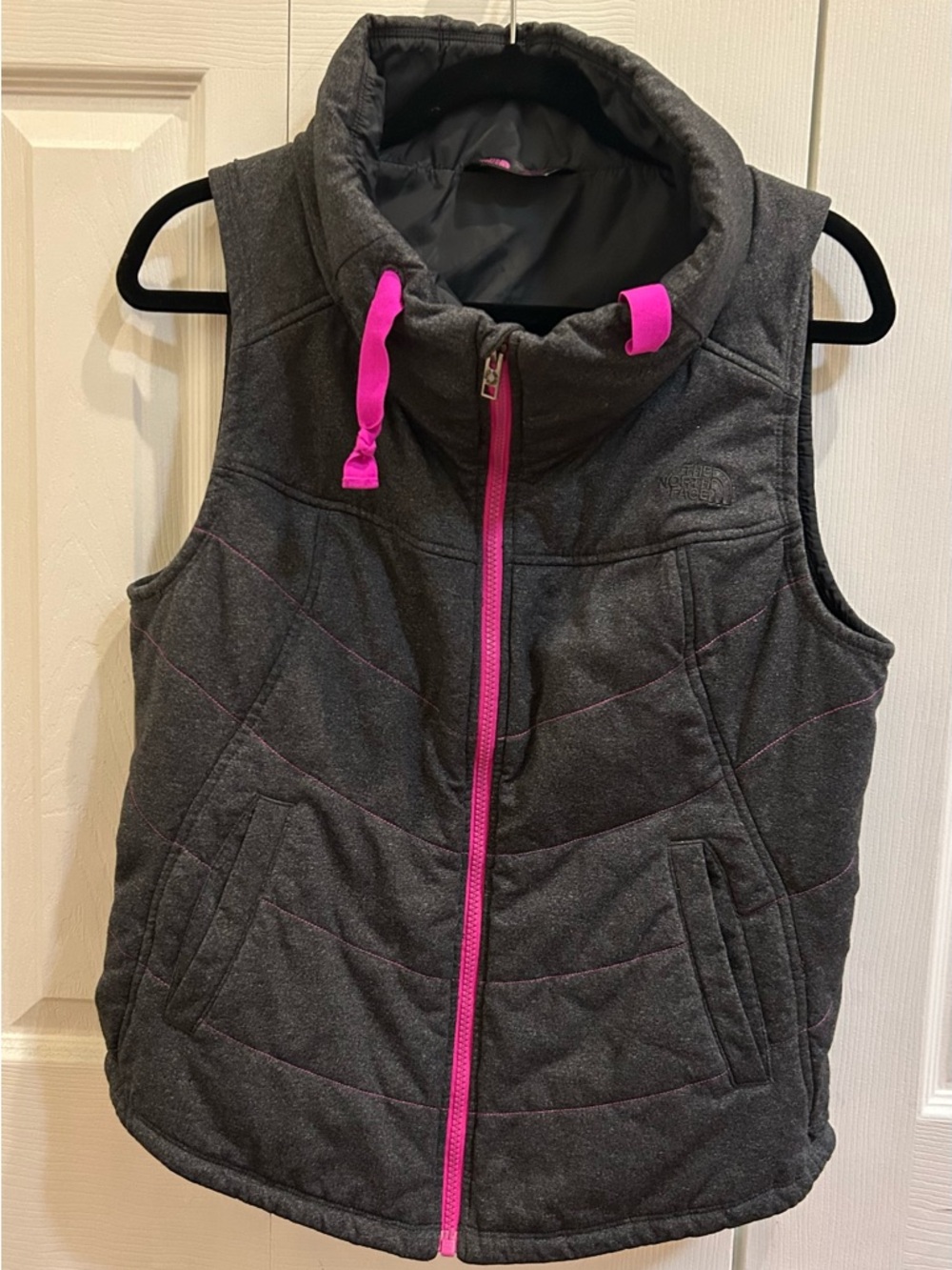 The North Face Heather Charcoal Zip-Up Vest with Pink Stitching